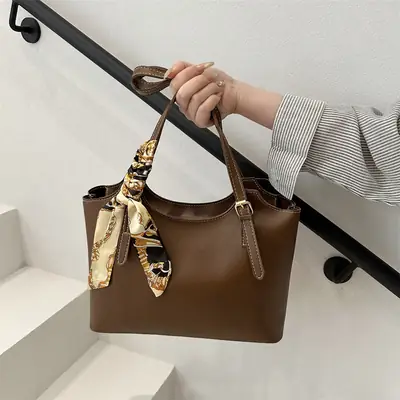 Women Brown Leather Tote Bag with Silk Bow