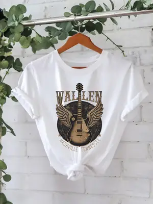 Women White T-shirt Guitar Disc Print Cotton Summer