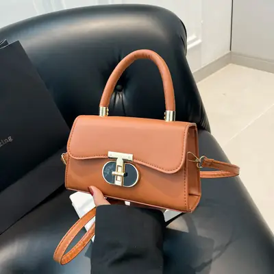 Trendy Brown Leather Shoulder Bag with Metal Buckle