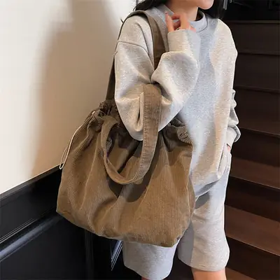 Hong Kong Style Brown Corduroy Shoulder Crossbody Bag