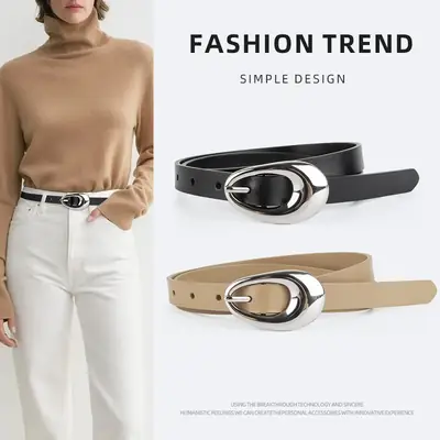 Women Black Leather Belt with Silver Buckle