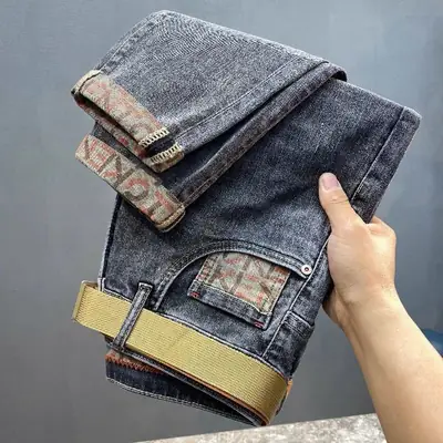 Men's 2025 Thin Belted Grey Denim Jeans