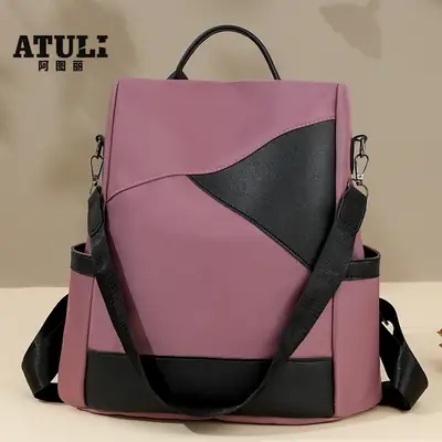 Women's Pink Black Leather Backpack with Shoulder Strap