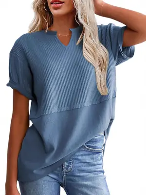 Women V-Neck Pullover Patchwork Shirt Red College Style