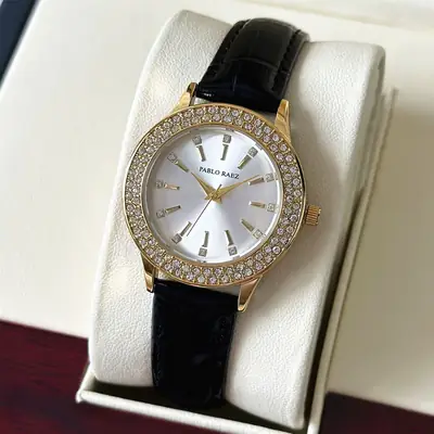 Luxury Full Diamond Women's Watch Gold Black Strap