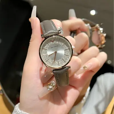 Korean Style Women's Quartz Diamond Watch with Black Leather Band