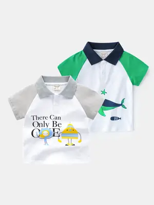 Kids Boys Polo Shirt White Green Whale Print 2025