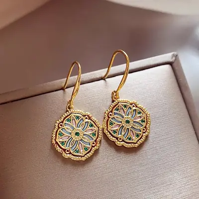 New Chinese Vintage Round Flower Earrings for Women