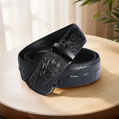 Black Croc Embossed Belt with Automatic Buckle