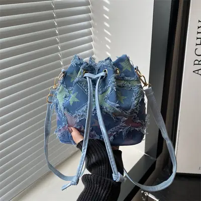 Blue Star Print Bucket Tote Bag for Women