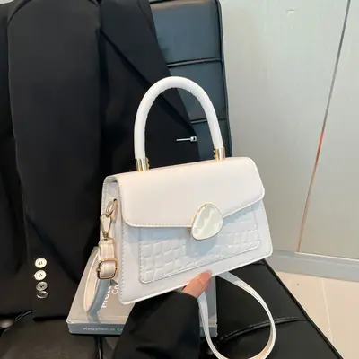 White Croc PU Shoulder Crossbody Bag with Gold Clasp