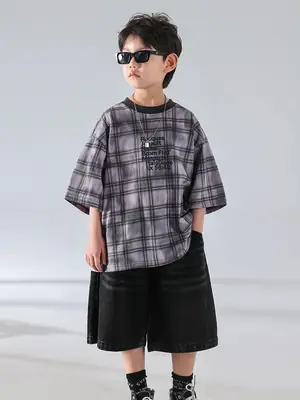 Boys Plaid Denim Shorts Summer T-Shirt 2025