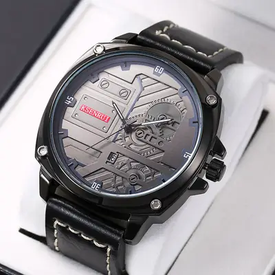 Men's Quartz Watch with Brown Leather Band & Retro Dial