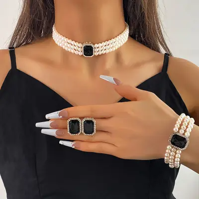 Luxury Multi-Layer Pearl Necklace Set with Black Gemstones