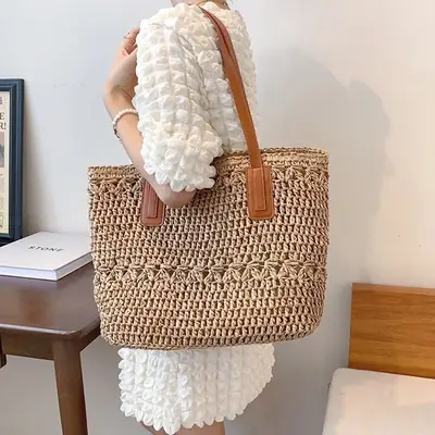 Women's Handwoven Straw Tote Bag with White Embroidery