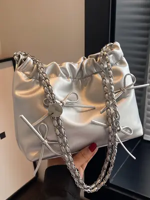 Silver Korean Style Chain Bow Tote Bag for Women