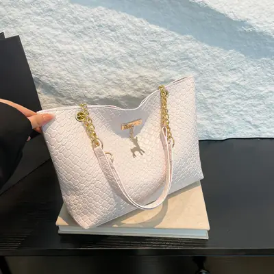 White Women's Shoulder Bag with Gold Chain & Pony Design
