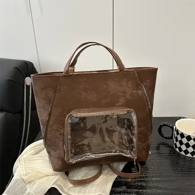 Brown Suede Shoulder Tote Bag with Clear Window for Women