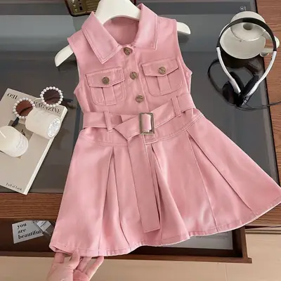 Girls Pink Sleeveless Belted Dress with Button Front
