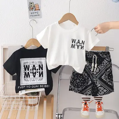 Boys Summer T-Shirt Shorts Set White Black New Baby Letter 1-5Y