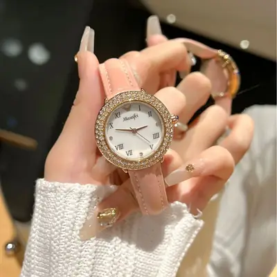 Women's Diamond-Encrusted Waterproof Watch with Black Leather Band