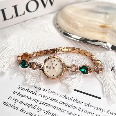 Gold Vintage Heart Watch for Women with Rhinestone Light