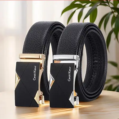 Men's Black Automatic Buckle Belt with Edge Litchi Pattern