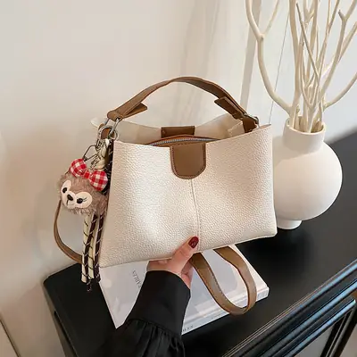 2025 Women's White Leather Shoulder Crossbody Bag with Cute Charm
