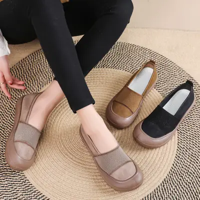 Women's Brown Slip-On Flat Shoes Retro Style
