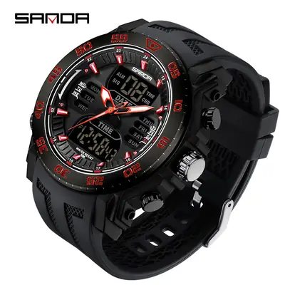 Sanda Multifunctional Electronic Watch Black Red Sport Waterproof