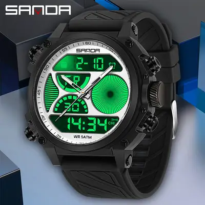 Sanda Dual-Display Waterproof Men's Watch Blue Green Black White Black Full Black