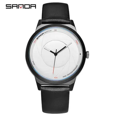 Sanda Black Leather Watch for Men Women Quartz Watch