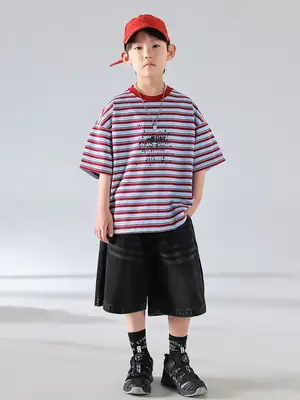 Boys Striped Short Sleeve Sports Shorts Set 2026