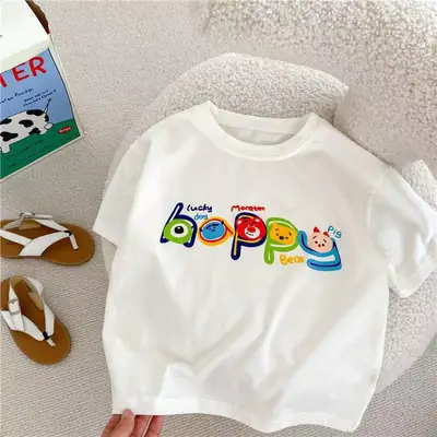 Children White Korean T-shirt Casual Loose Crewneck