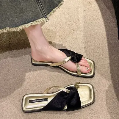 French Flat Sandals Women's Black Bow Low Heel Open Toe