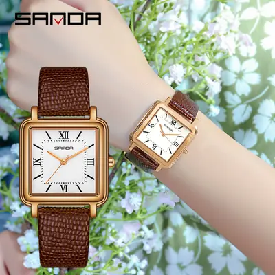 Women's Square Watch with Roman Scale & Brown Leather Band