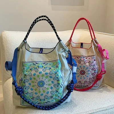 Japanese-Style Floral Canvas Bag with Braided Handle
