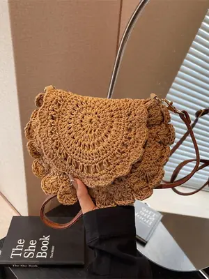 Hollow Woven Shoulder Crossbody Bag Women Brown