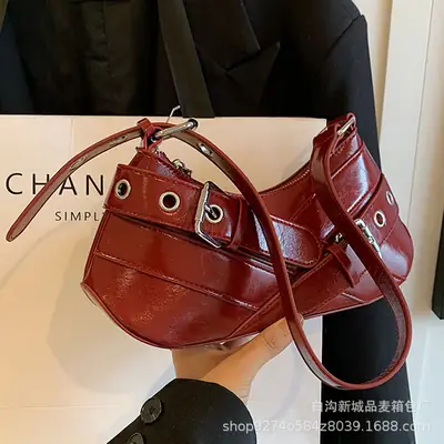 Women's Red Leather Shoulder Bag with Detachable Strap