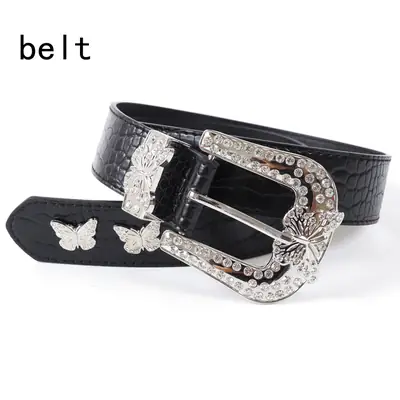 Women's Black Butterfly Belt with Diamond Buckle