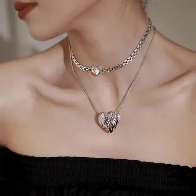 Women's Heart Charm Necklace with Silver Chain & Clavicle