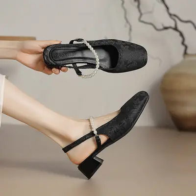 Women's Pearl-Decorated Square Toe Heels Black White