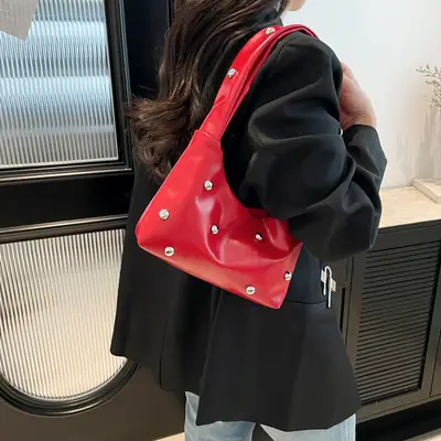 Red Rivet Ball Shoulder Bag for Women
