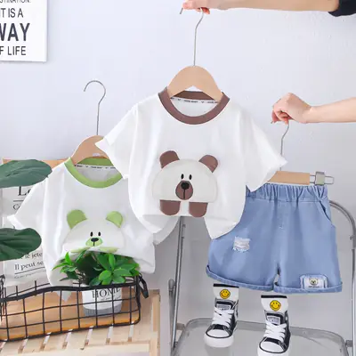 Baby Bear Print Capri Pants Summer Suit