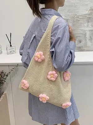 Women Knitted Shoulder Bag Pink Floral Spring Summer 2025