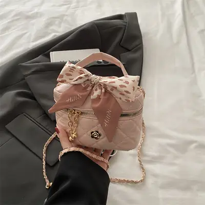 Pink Silk Scarf Bag with Diamond Plaid Chain for Women