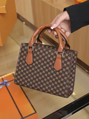 Vintage Checkered Handbag for Women with Leather Handles
