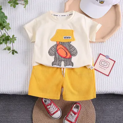 Boys Printed T-Shirt Shorts Set Yellow White 2Pc