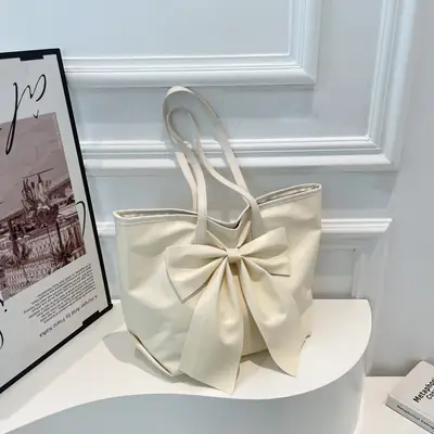 Women's Bow Tote Bag Cream Soft Face Large Capacity