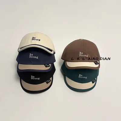 Baby Cap Beige Blue Embroidered Short Brim